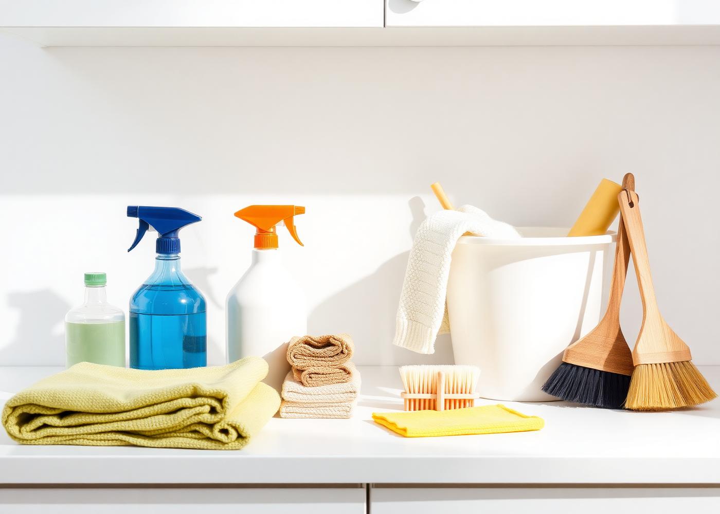 Cleaning supplies neatly arranged on a bright kitchen counter